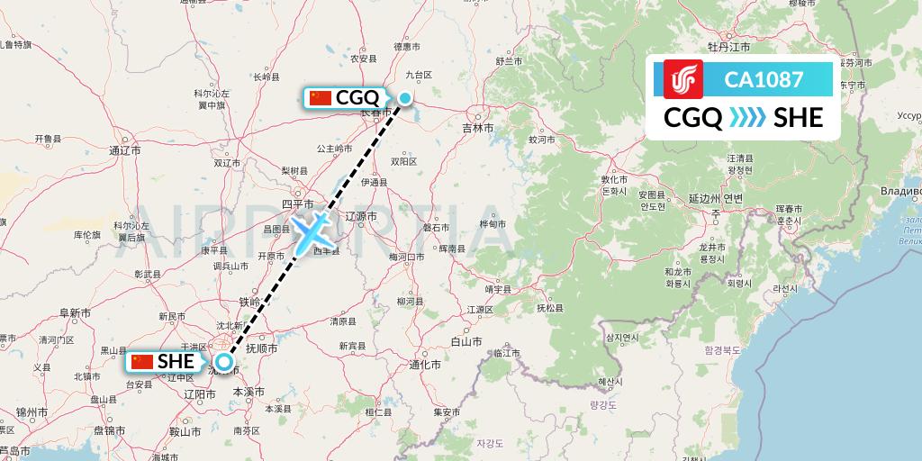 CA1087 Air China Flight Map: Changchun to Shenyang