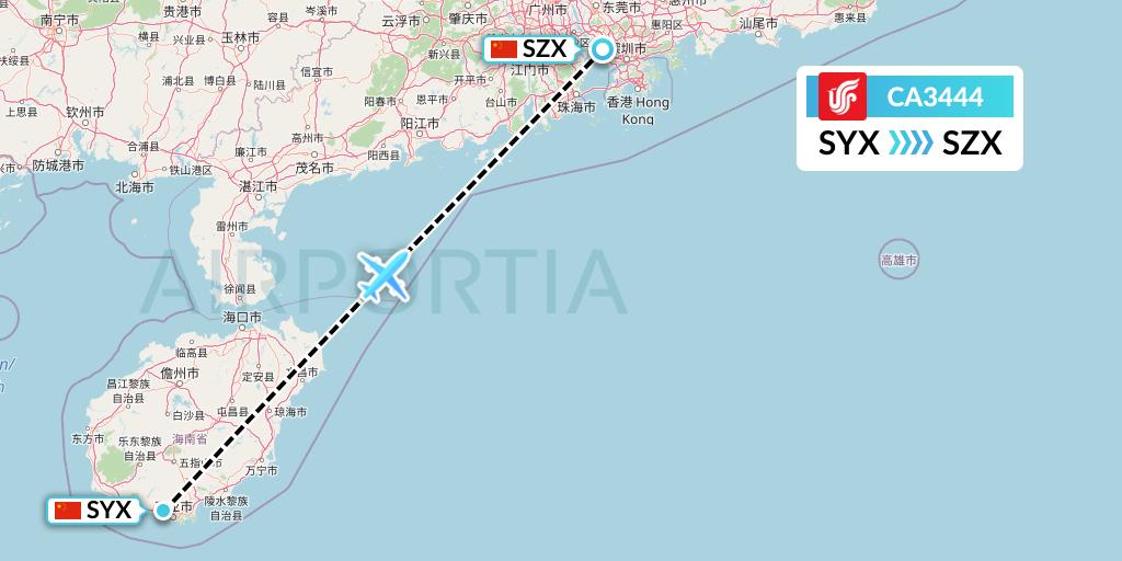 CA3444 Air China Flight Map: Sanya to Shenzhen