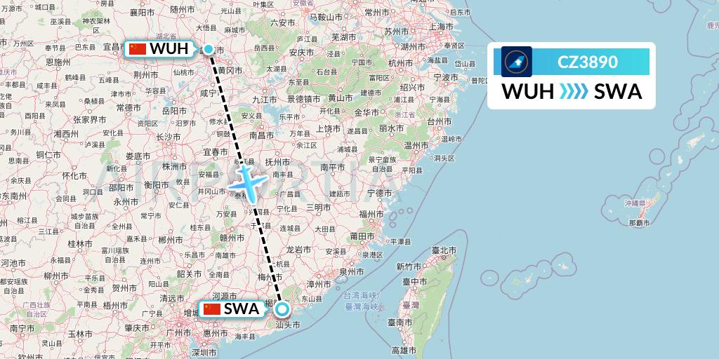 CZ3890 China Southern Airlines Flight Map: Wuhan to Jieyang