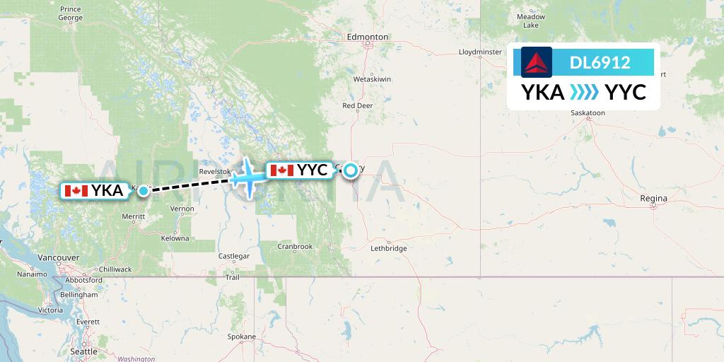 DL6912 Delta Air Lines Flight Map: Kamloops to Calgary