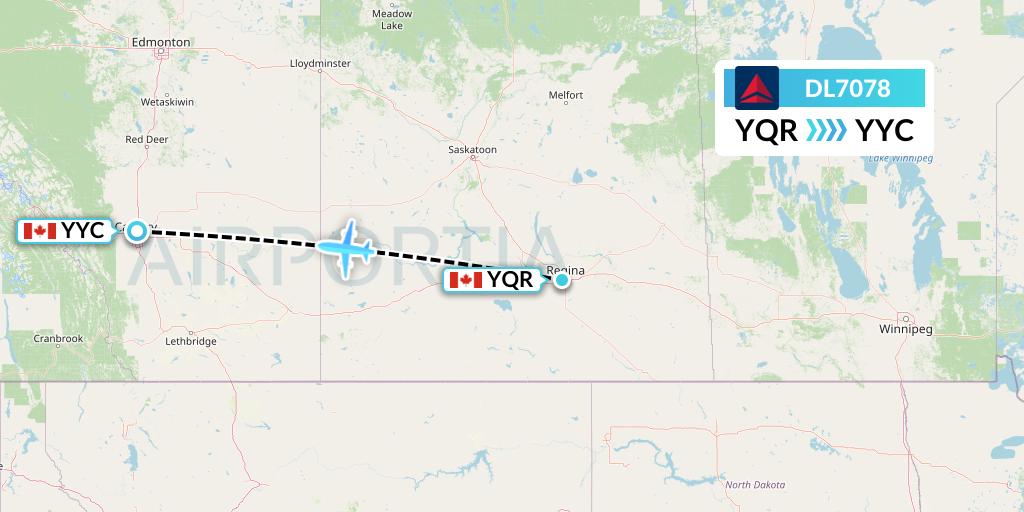 DL7078 Delta Air Lines Flight Map: Regina to Calgary