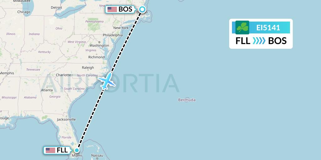 EI5141 Aer Lingus Flight Map: Fort Lauderdale to Boston