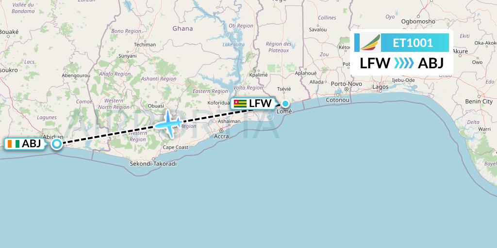 ET1001 Ethiopian Airlines Flight Map: Lome to Abidjan