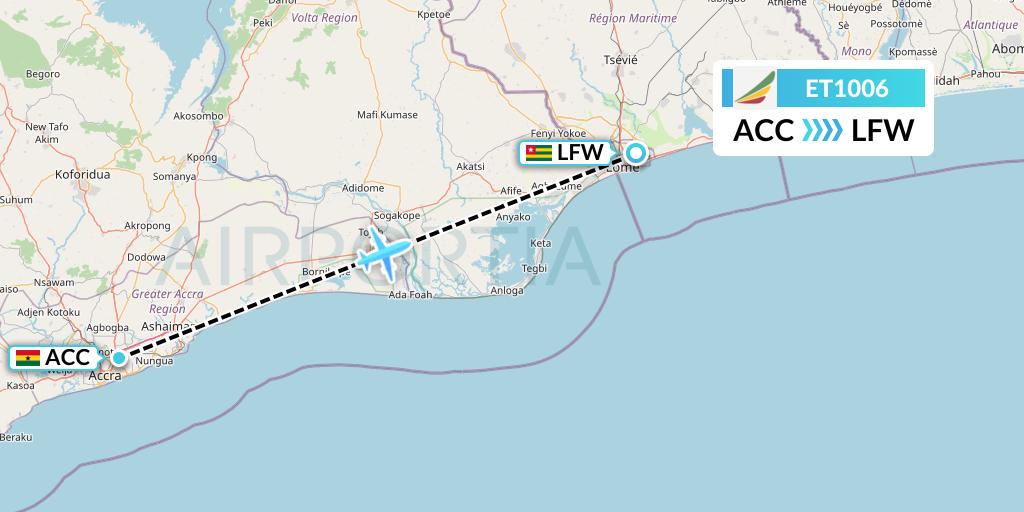 ET1006 Ethiopian Airlines Flight Map: Accra to Lome