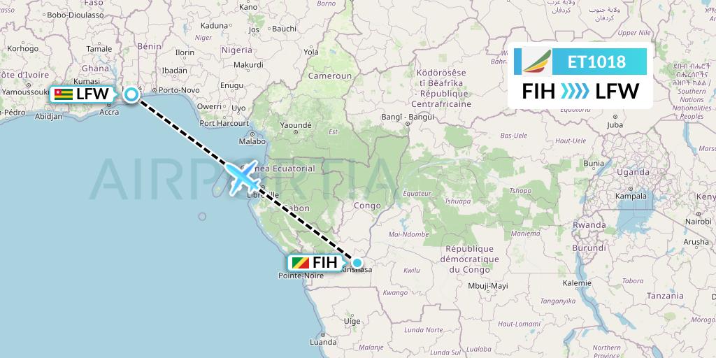ET1018 Ethiopian Airlines Flight Map: Kinshasa to Lome