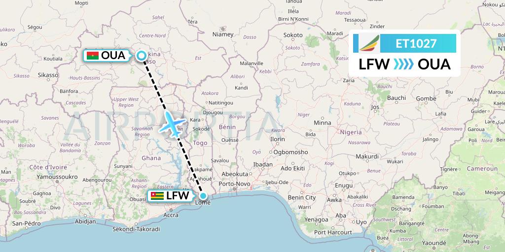 ET1027 Ethiopian Airlines Flight Map: Lome to Ouagadougou
