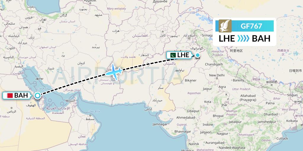 GF767 Gulf Air Flight Map: Lahore to Bahrain