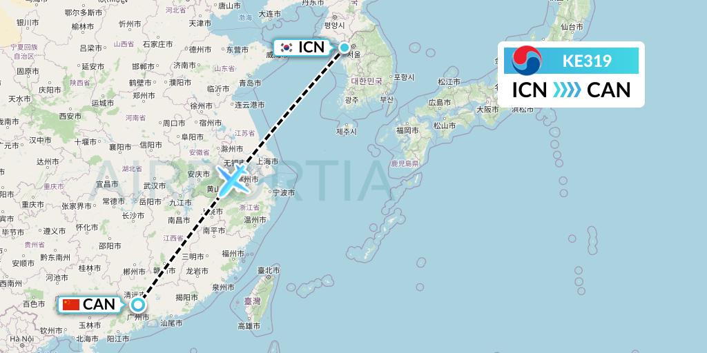 KE319 Korean Air Flight Map: Seoul to Guangzhou