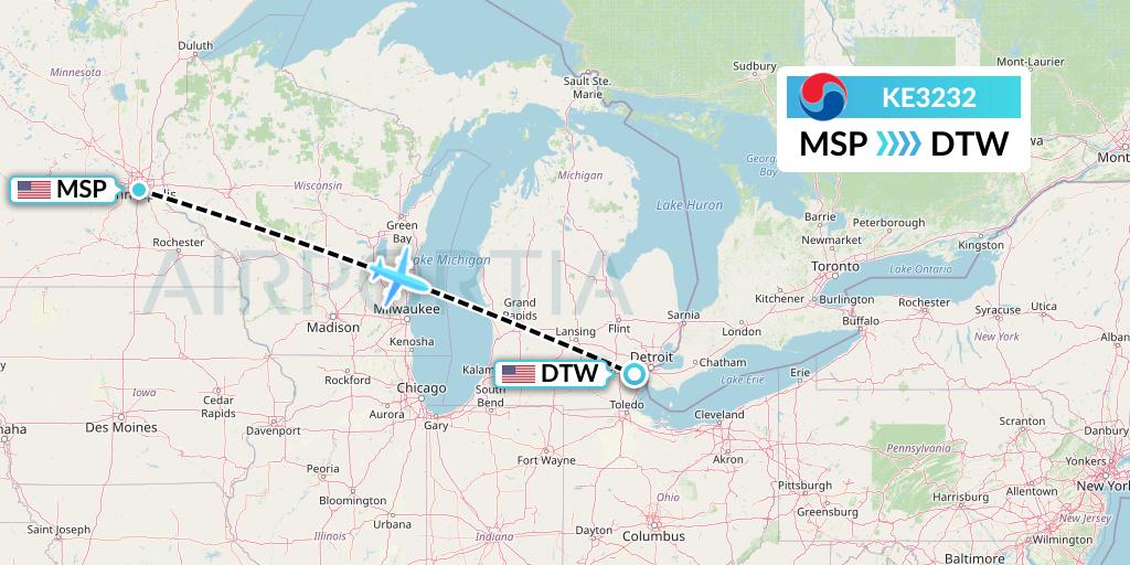 KE3232 Korean Air Flight Map: Minneapolis to Detroit