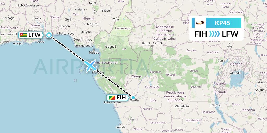 KP45 ASKY Flight Map: Kinshasa to Lome