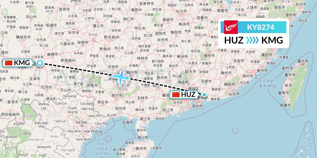 KY8274 Kunming Airlines Flight Map: Huizhou to Kunming