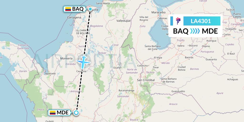 LA4301 LAN Airlines Flight Map: Barranquilla to Medellin
