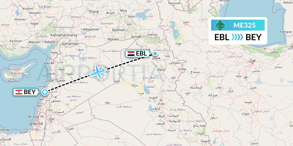 ME325 MEA Flight Map: Arbil to Beirut
