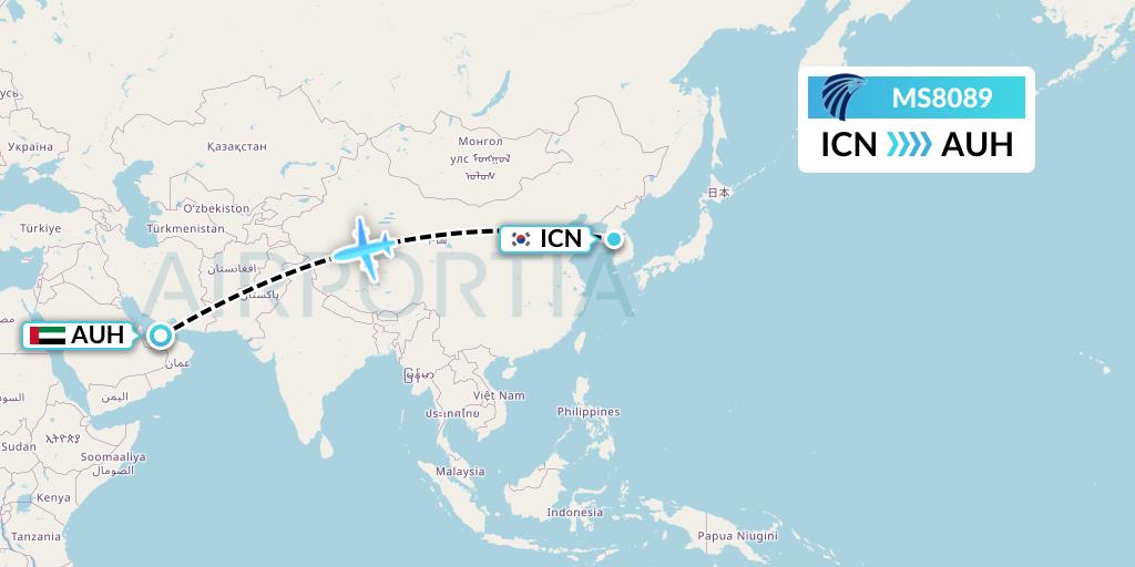 MS8089 EgyptAir Flight Map: Seoul to Abu Dhabi