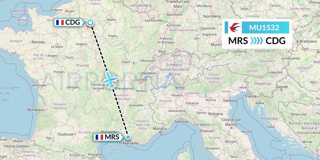 MU1532 China Eastern Airlines Flight Map: Marseille to Paris