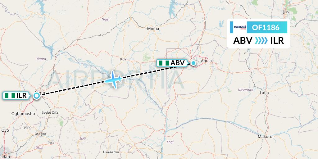OF1186 Overland Airways Flight Map: Abuja to Ilorin