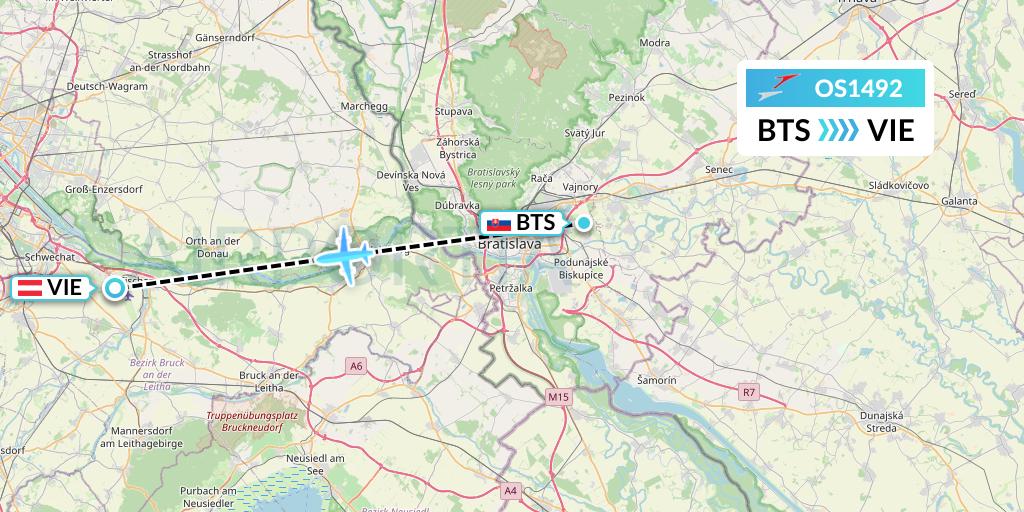 OS1492 Austrian Airlines Flight Map: Bratislava to Vienna