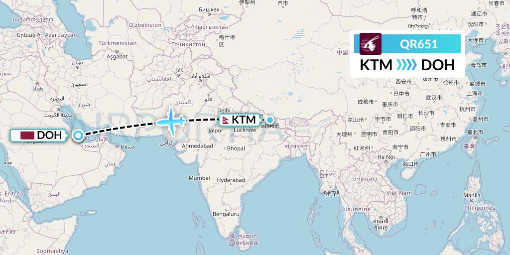 QR651 Qatar Airways Flight Map: Kathmandu to Doha