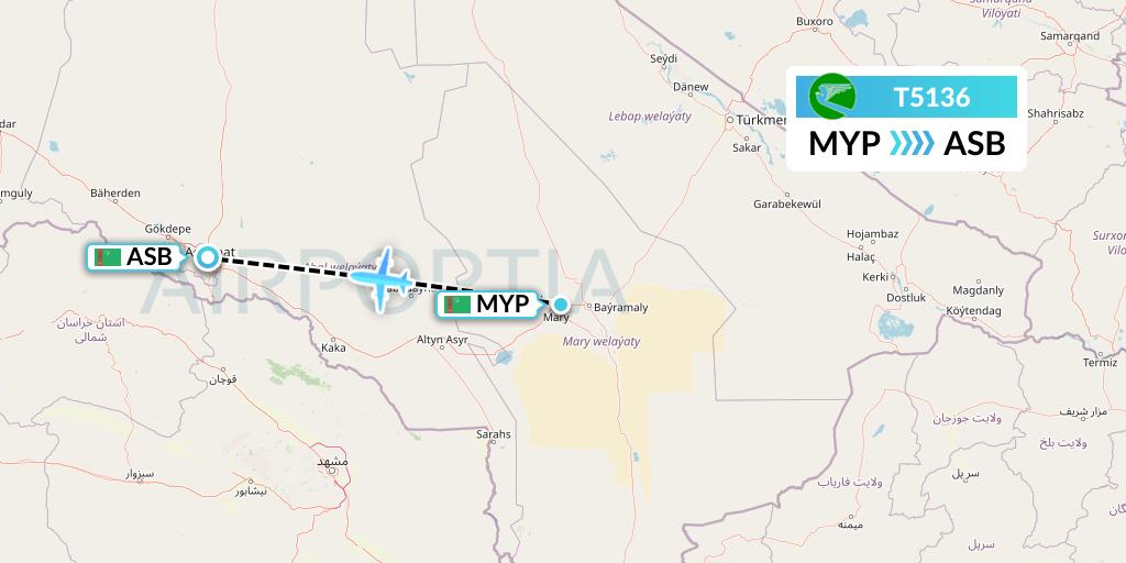 T5136 Turkmenistan Airlines Flight Map: Mary to Ashgabat