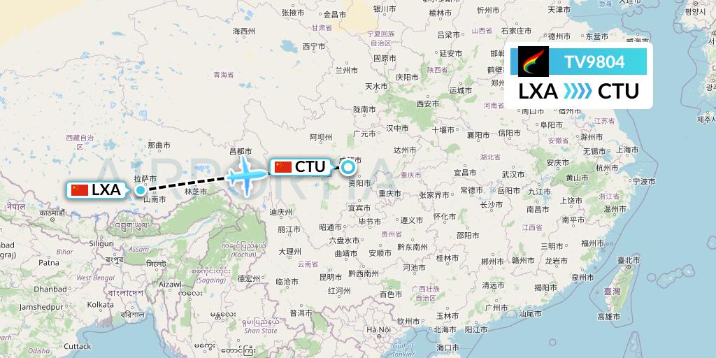 TV9804 Tibet Airlines Flight Map: Lhasa to Chengdu