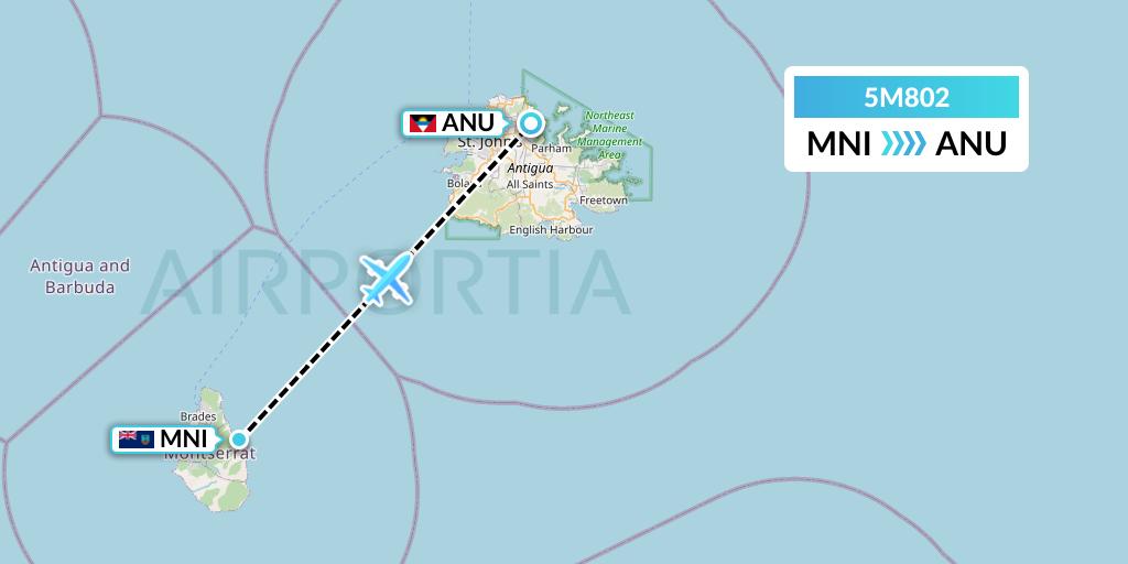 5M802 Montserrat Airways Flight Map: Plymouth to Antigua