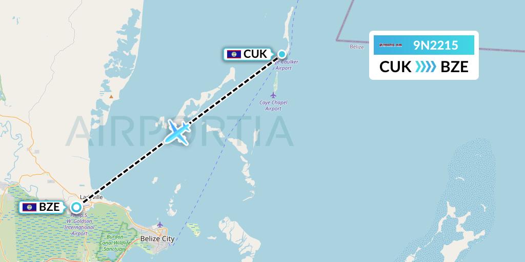 9N2215 Tropic Air Flight Map: Caye Caulker to Belize City