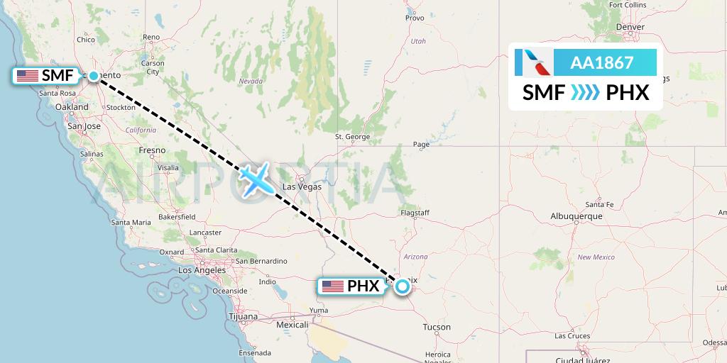 AA1867 American Airlines Flight Map: Sacramento to Phoenix