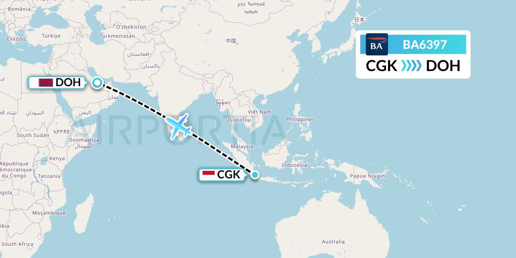BA6397 British Airways Flight Map: Jakarta to Doha