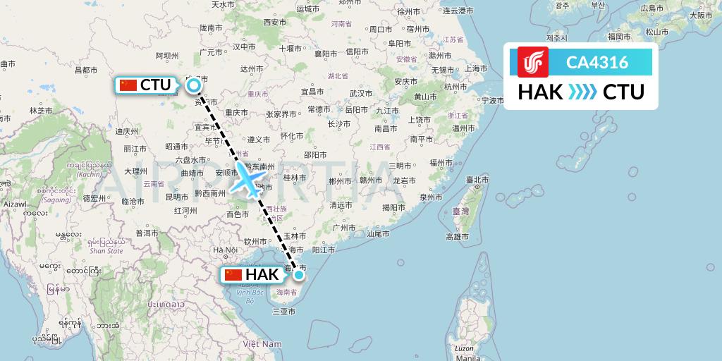 CA4316 Air China Flight Map: Haikou to Chengdu