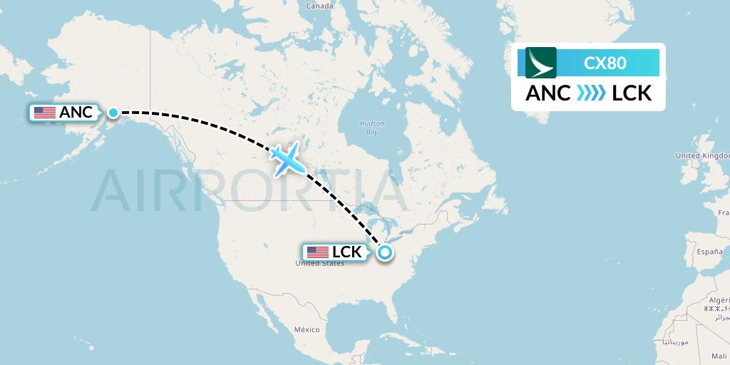 CX80 Cathay Pacific Flight Map: Anchorage to Columbus