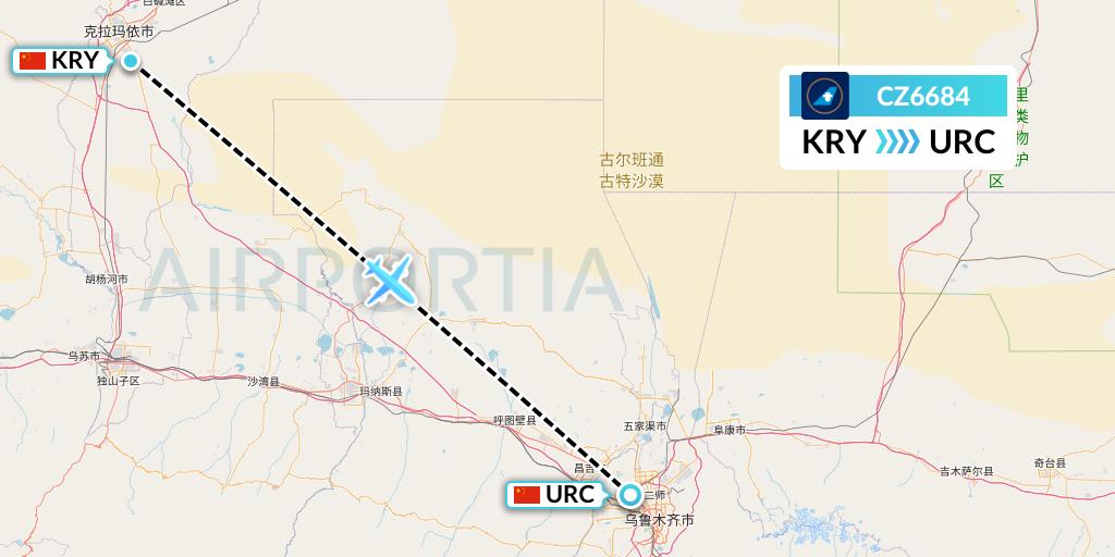 CZ6684 China Southern Airlines Flight Map: Karamay to Urumqi