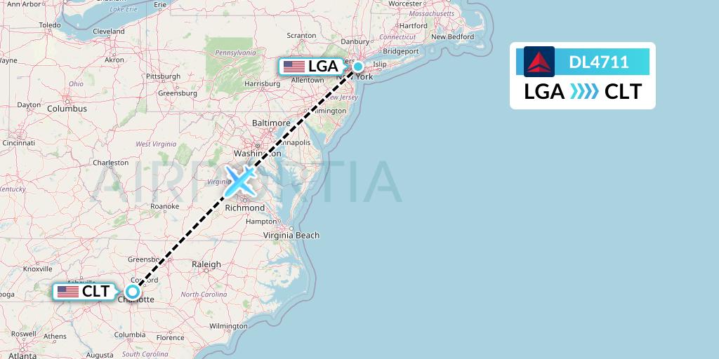 DL4711 Delta Air Lines Flight Map: New York to Charlotte
