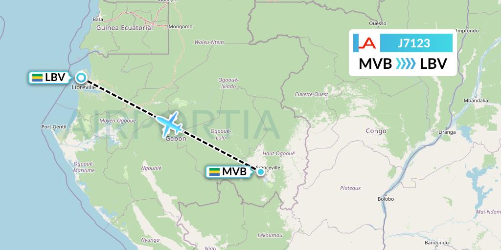 J7123 Afrijet Business Services Flight Map: Franceville to Libreville