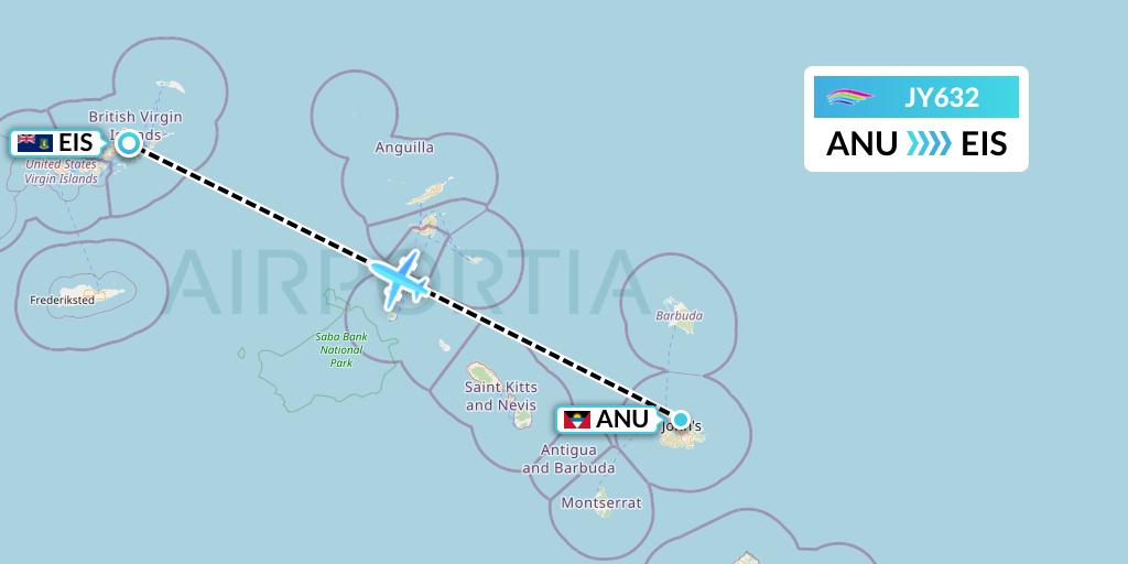 JY632 InterCaribbean Airways Flight Map: Antigua to Beef Island