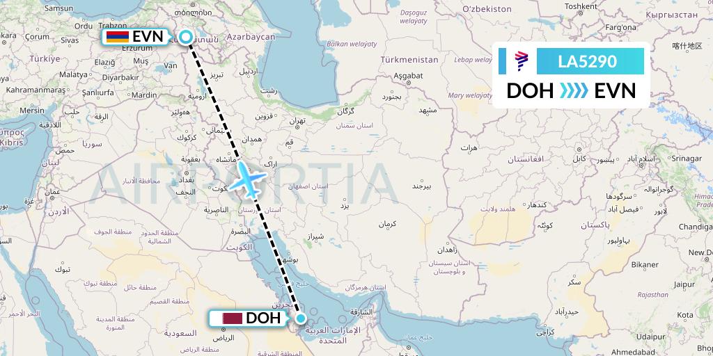 LA5290 LAN Airlines Flight Map: Doha to Yerevan