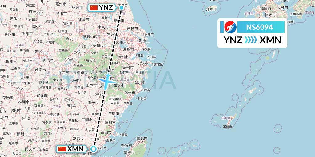 NS6094 Hebei Airlines Flight Map: Yancheng to Xiamen