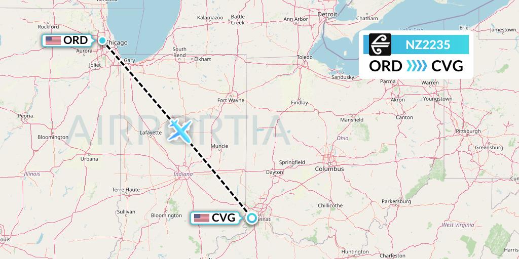NZ2235 Air New Zealand Flight Map: Chicago to Cincinnati