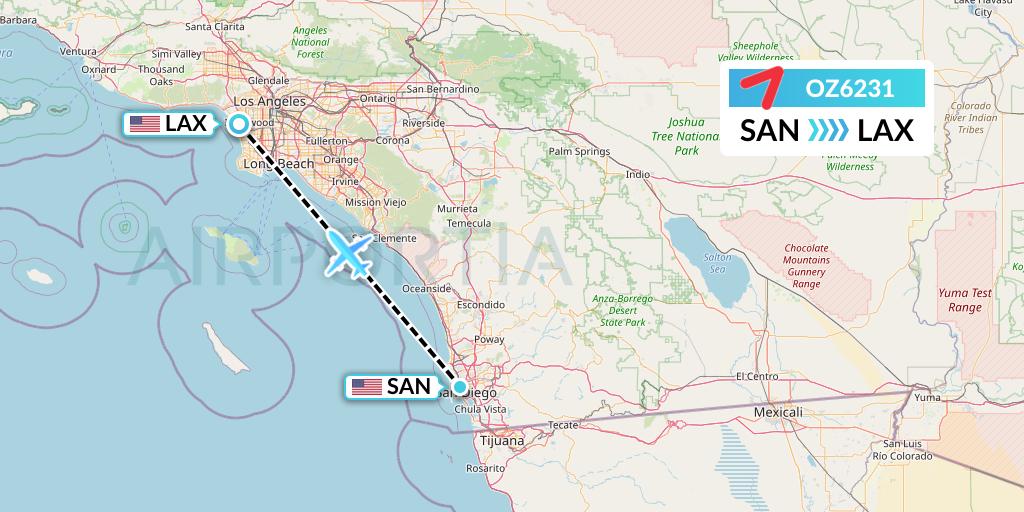 OZ6231 Asiana Airlines Flight Map: San Diego to Los Angeles