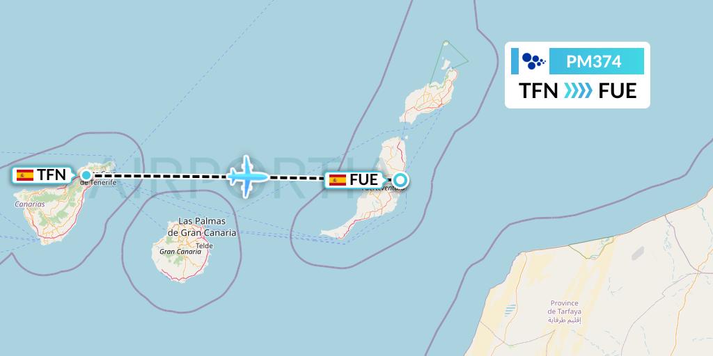 PM374 CanaryFly Flight Map: Tenerife to Fuerteventura