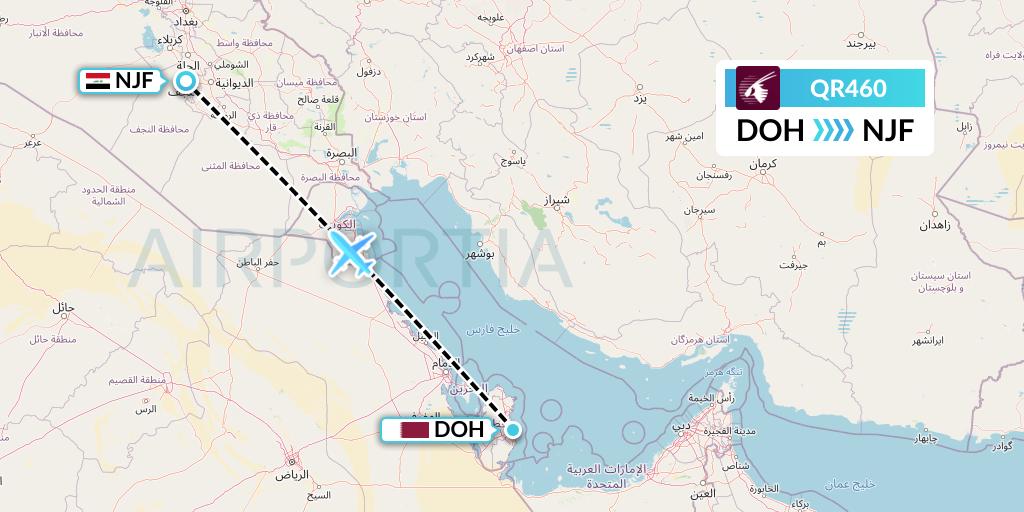 QR460 Qatar Airways Flight Map: Doha to Najaf