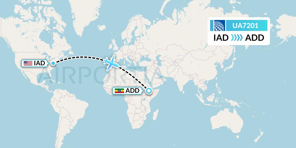UA7201 United Airlines Flight Map: Washington to Addis Ababa