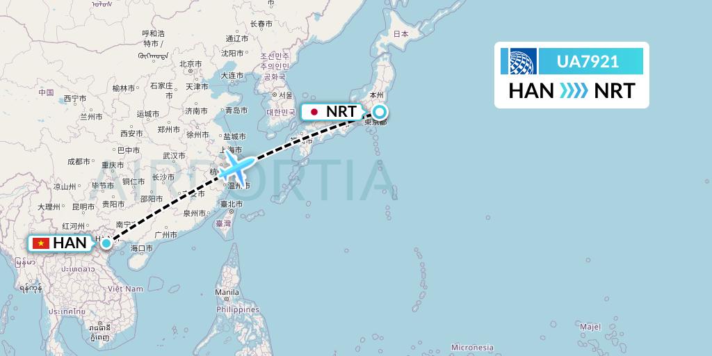 UA7921 United Airlines Flight Map: Hanoi to Tokyo
