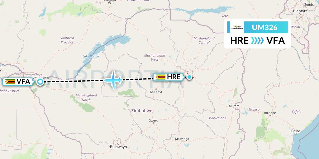 UM326 Air Zimbabwe Flight Map: Harare to Victoria Falls