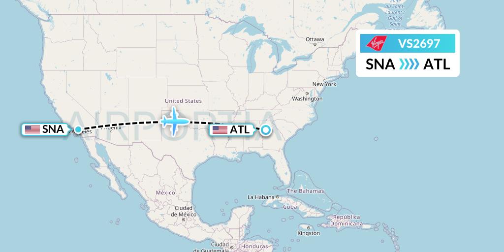VS2697 Virgin Atlantic Airways Flight Map: Orange County to Atlanta