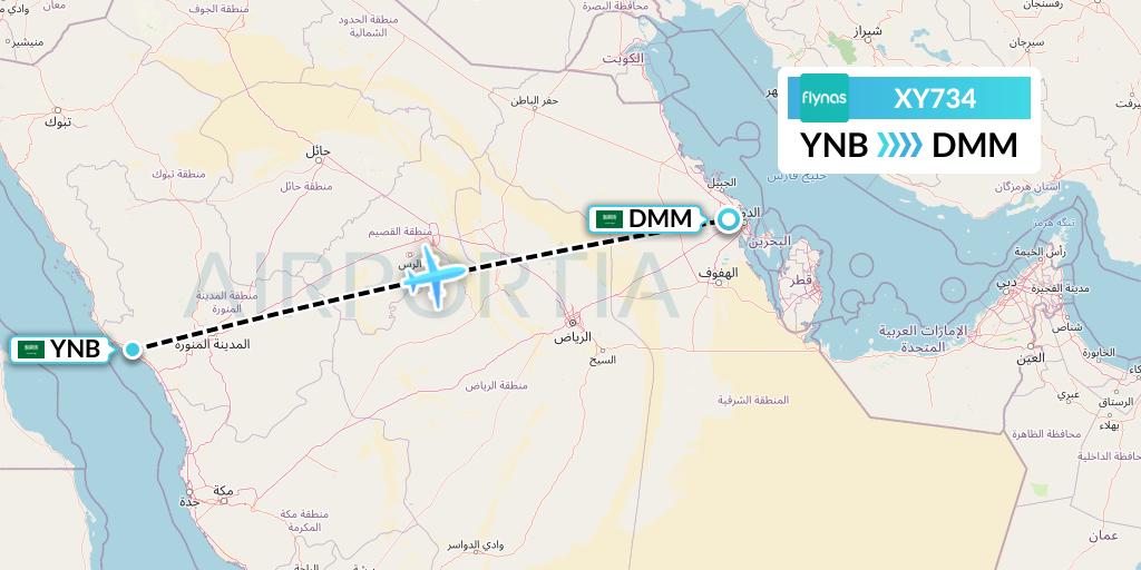 XY734 Flynas Flight Map: Yanbu to Dammam