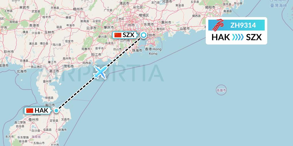 ZH9314 Shenzhen Airlines Flight Map: Haikou to Shenzhen