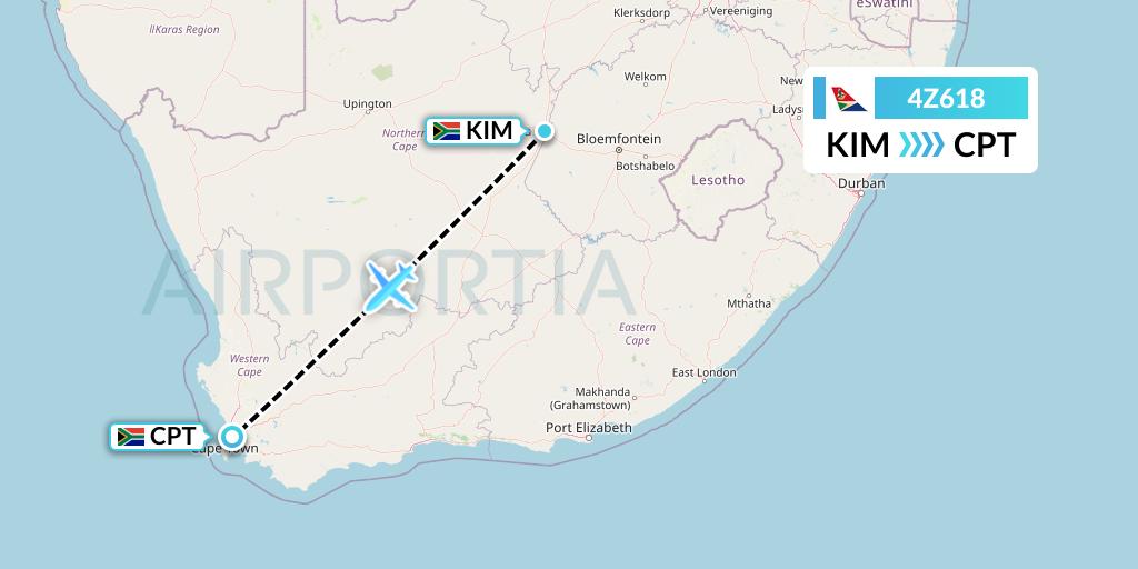 4Z618 Airlink Flight Map: Kimberley to Cape Town
