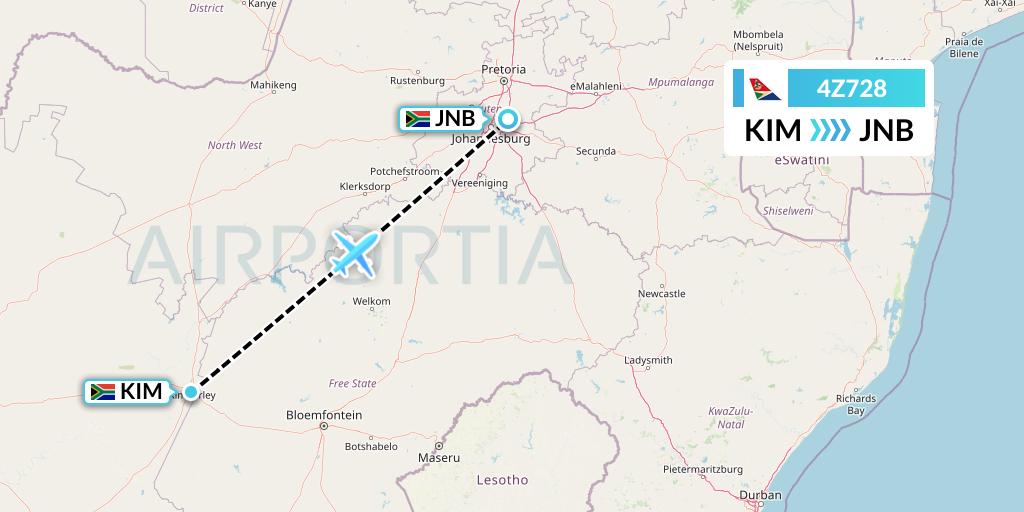 4Z728 Airlink Flight Map: Kimberley to Johannesburg