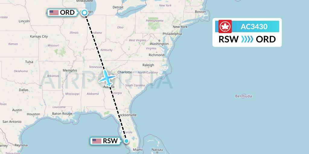 AC3430 Air Canada Flight Map: Fort Myers to Chicago