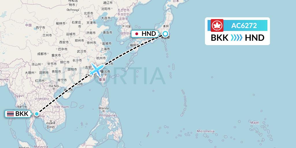 AC6272 Air Canada Flight Map: Bangkok to Tokyo